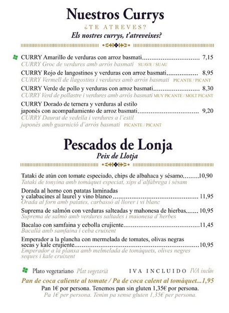 Restaurante Grill Room en Barcelona - Carta
